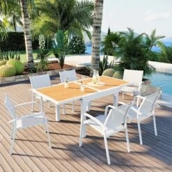 Table De Jardin Extensible 8 Places Aluminium Effet Bois Murano (180 X 90 Cm)- Blanche