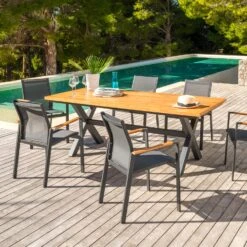 Table De Jardin 8 Places Aluminium/Teck Bali (200 X 100 Cm) - Gris Anthracite