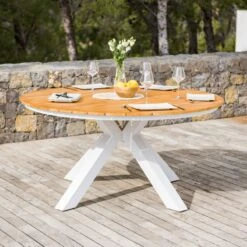 Table De Jardin 8 Places Aluminium/Teck Bali (D140 Cm) - Blanc
